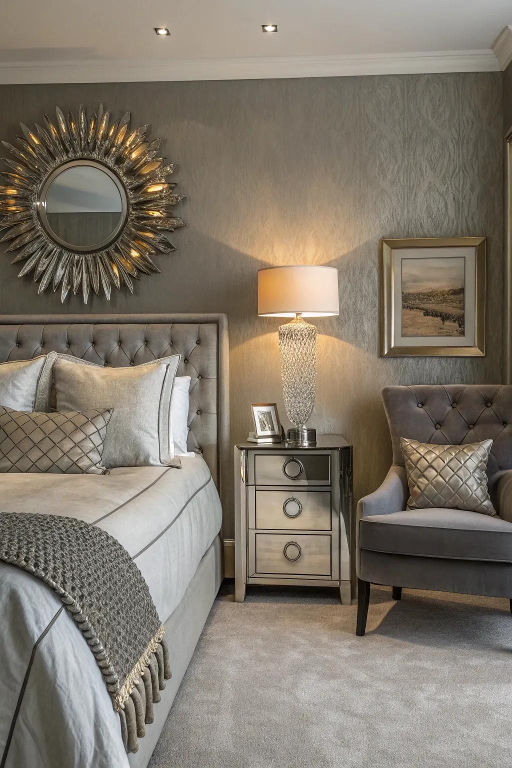 Metallic accents impart allure to this grey feature wall.