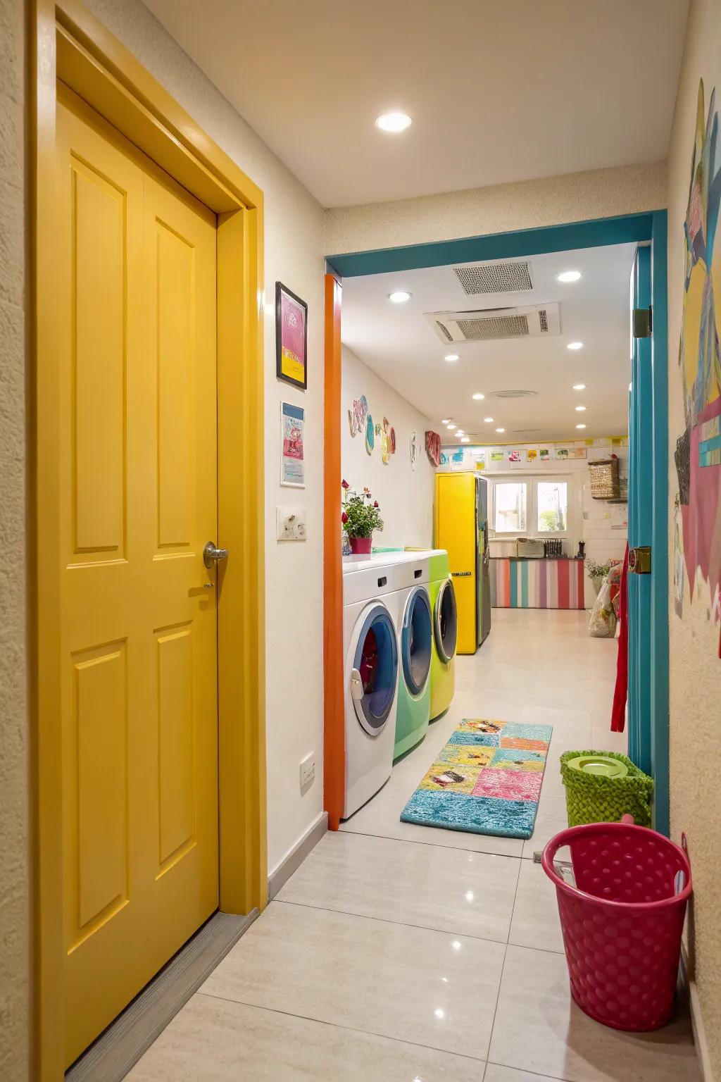 A bold-colored door adds a vibrant and playful touch to a hallway laundry room.