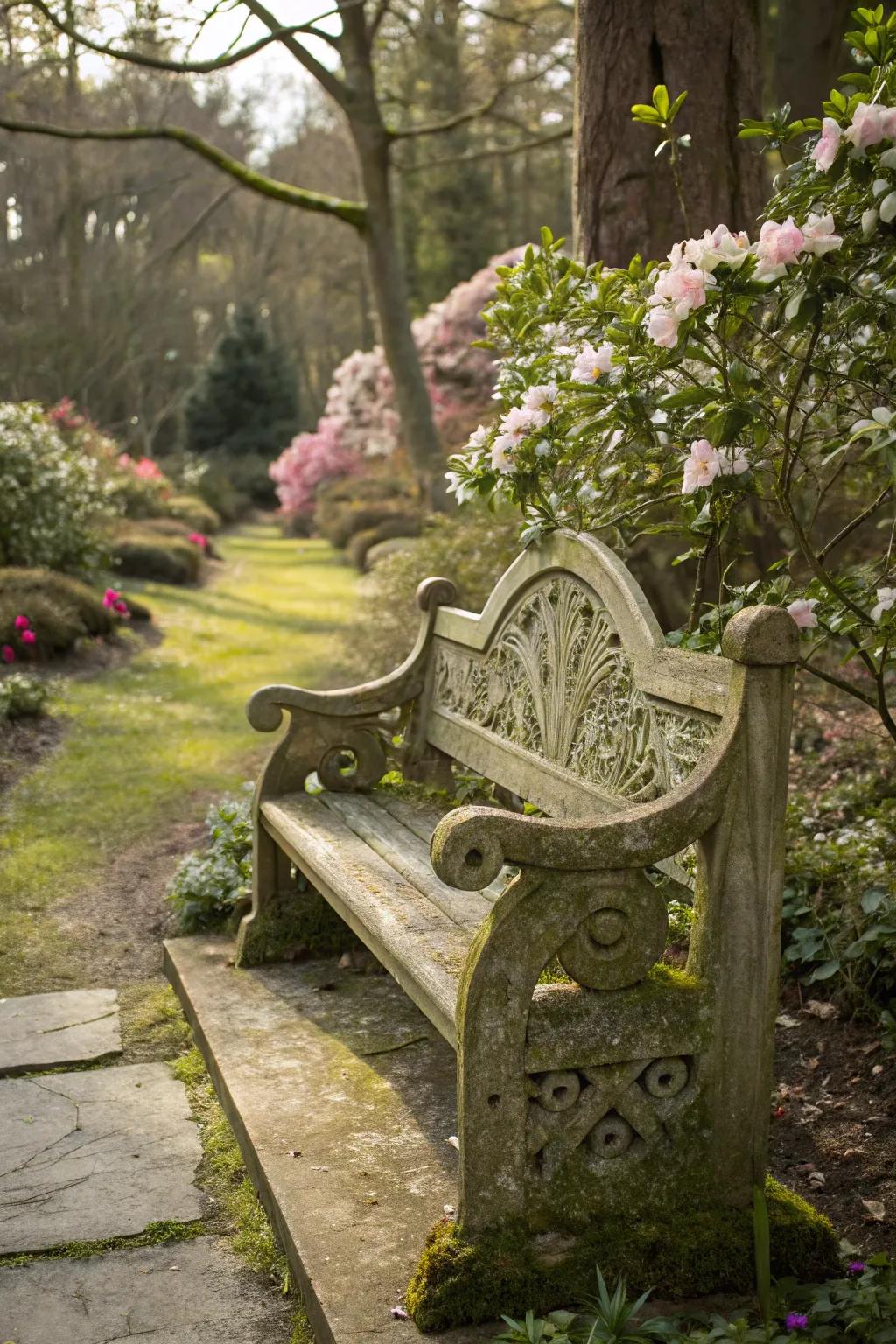 Artistic seats add both function and beauty to gardens.