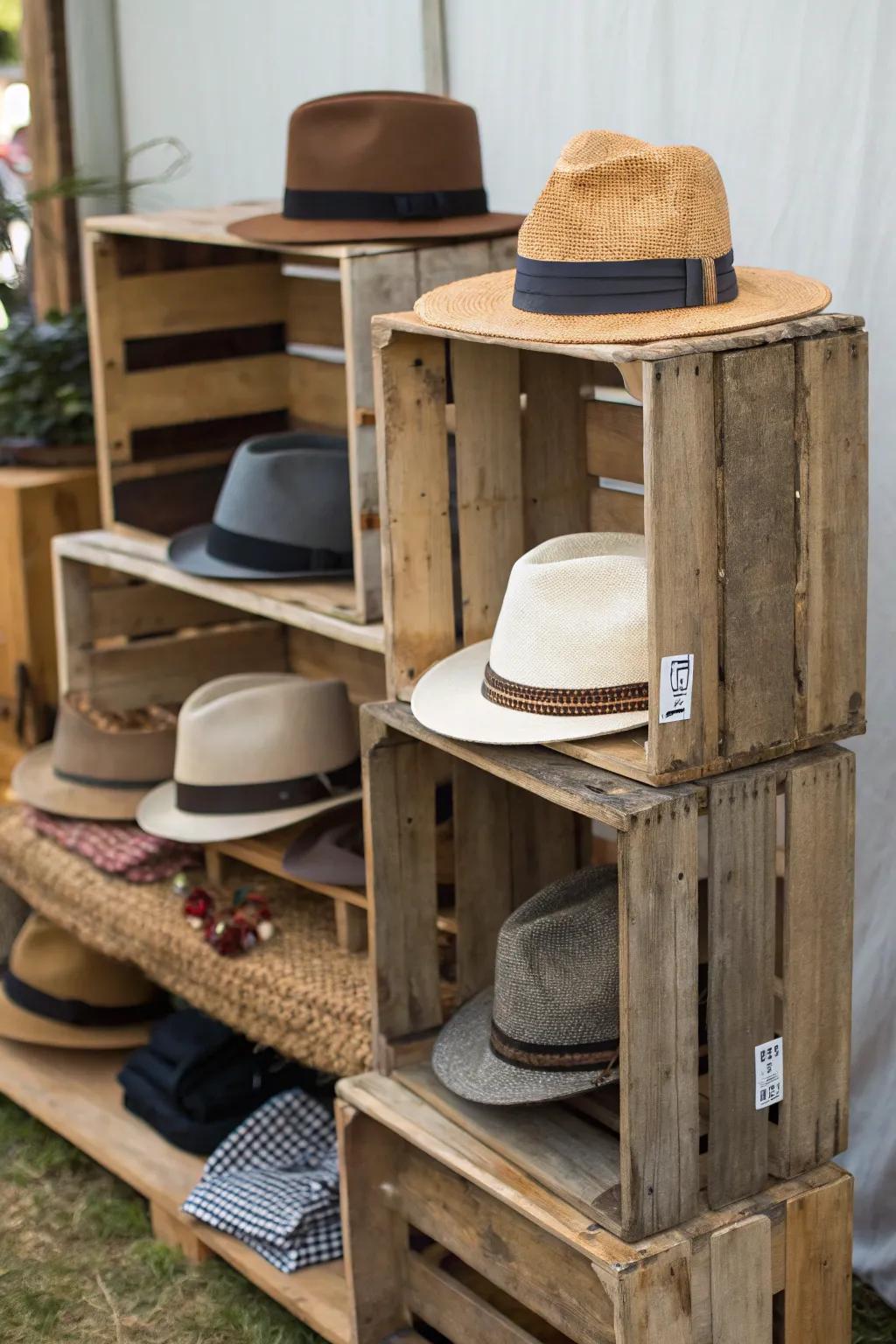 Rustic crates add farmhouse charm to your hat display.