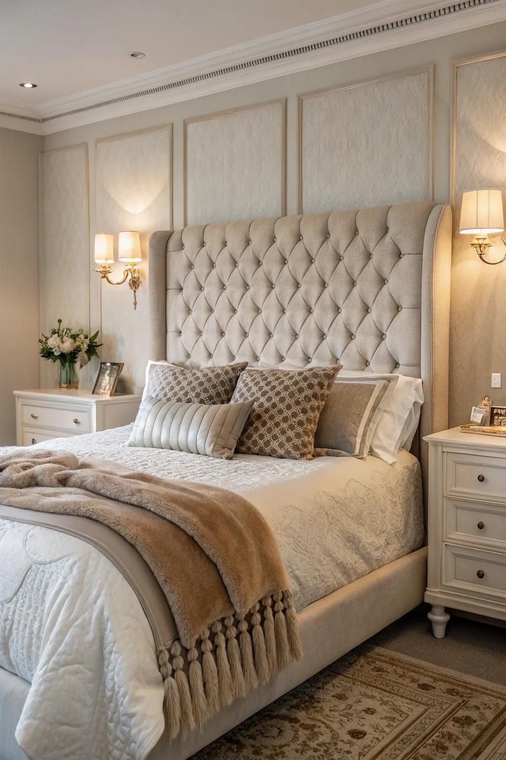 Welcome enduring elegance through a tufted headboard.