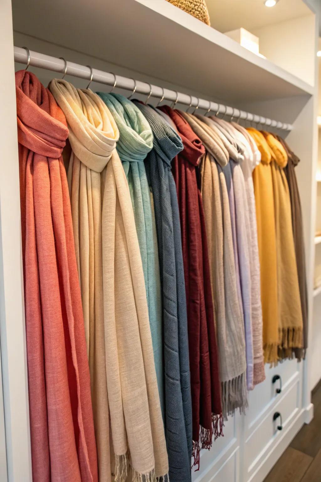 Color-coded storage adds elegance and ease to scarf selection.