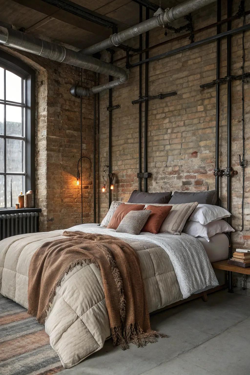 Cozy bedding adds warmth and comfort to this industrial bedroom.