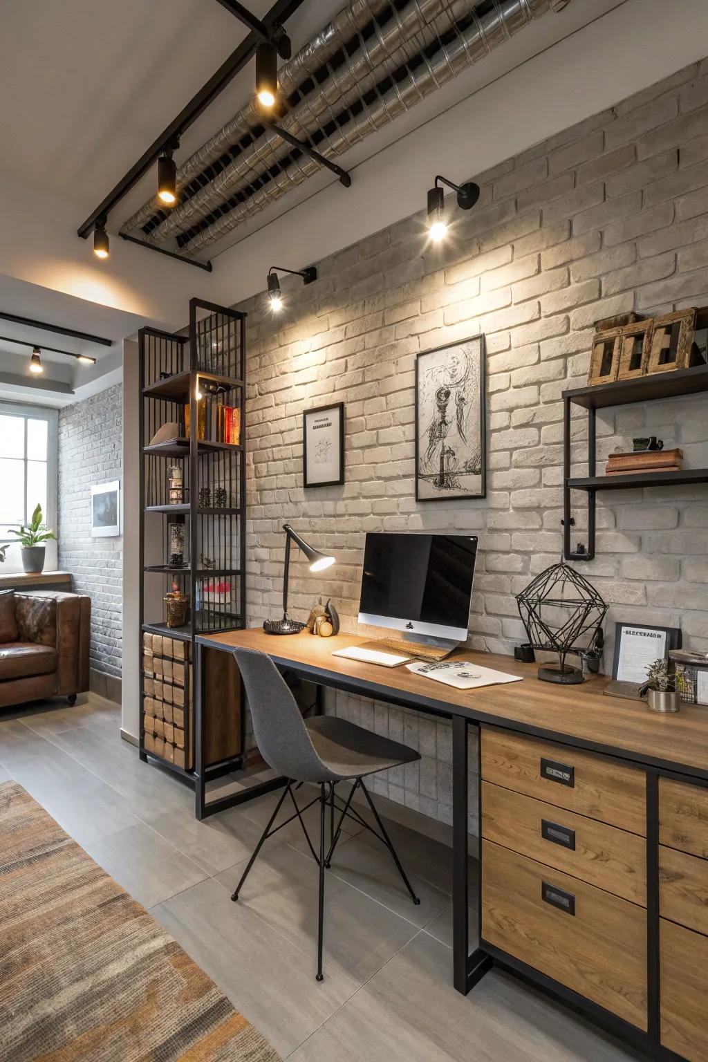 Modern industrial home office with LED retrofit lighting