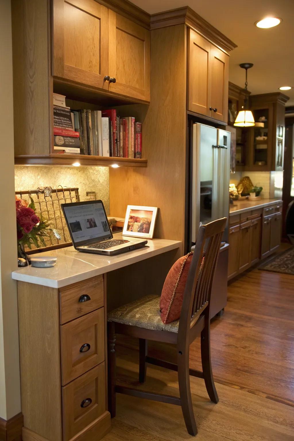 A built-in desk turns a corner into a functional work space.