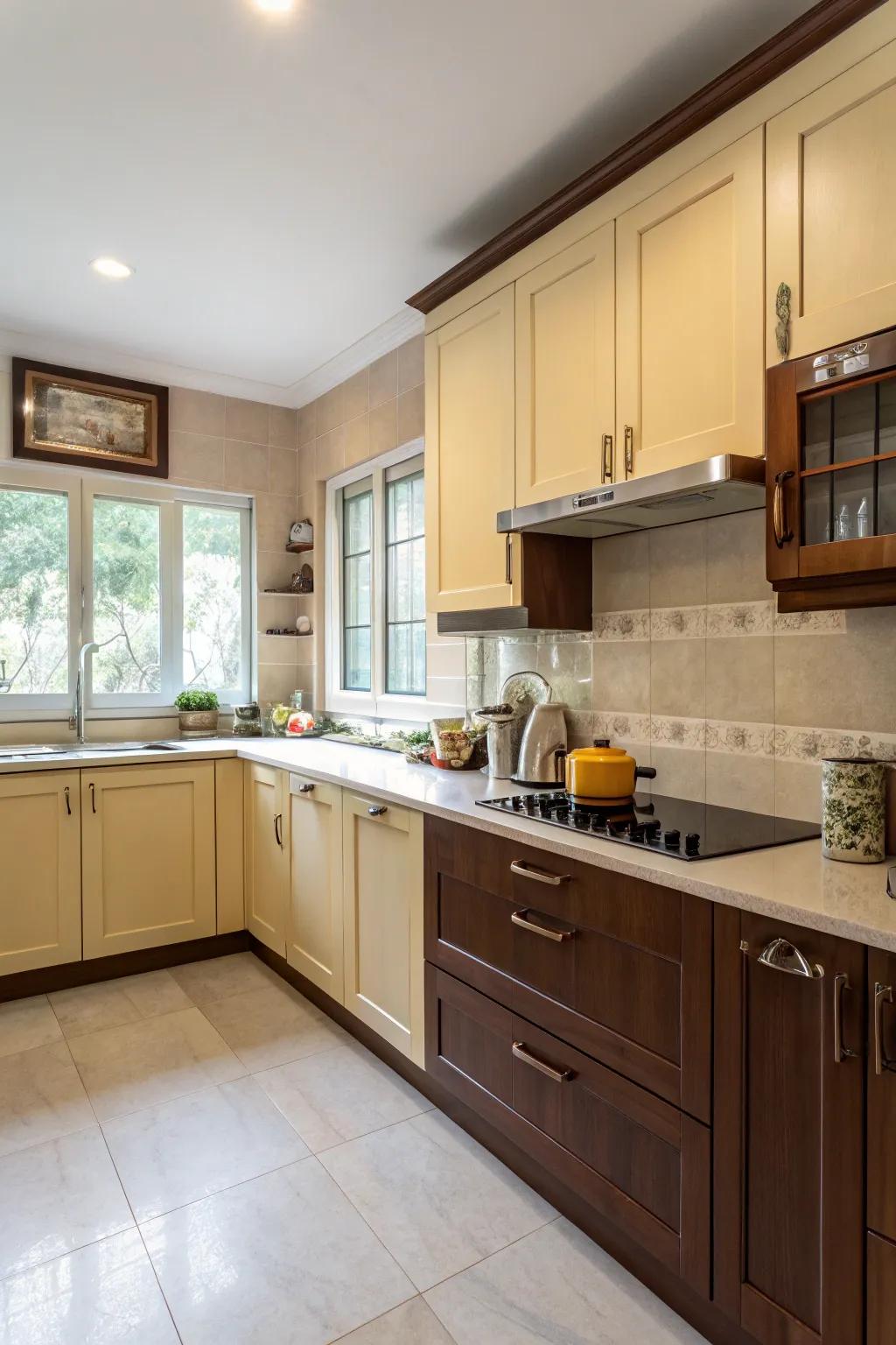 Two-tone cupboards add depth and visual interest.