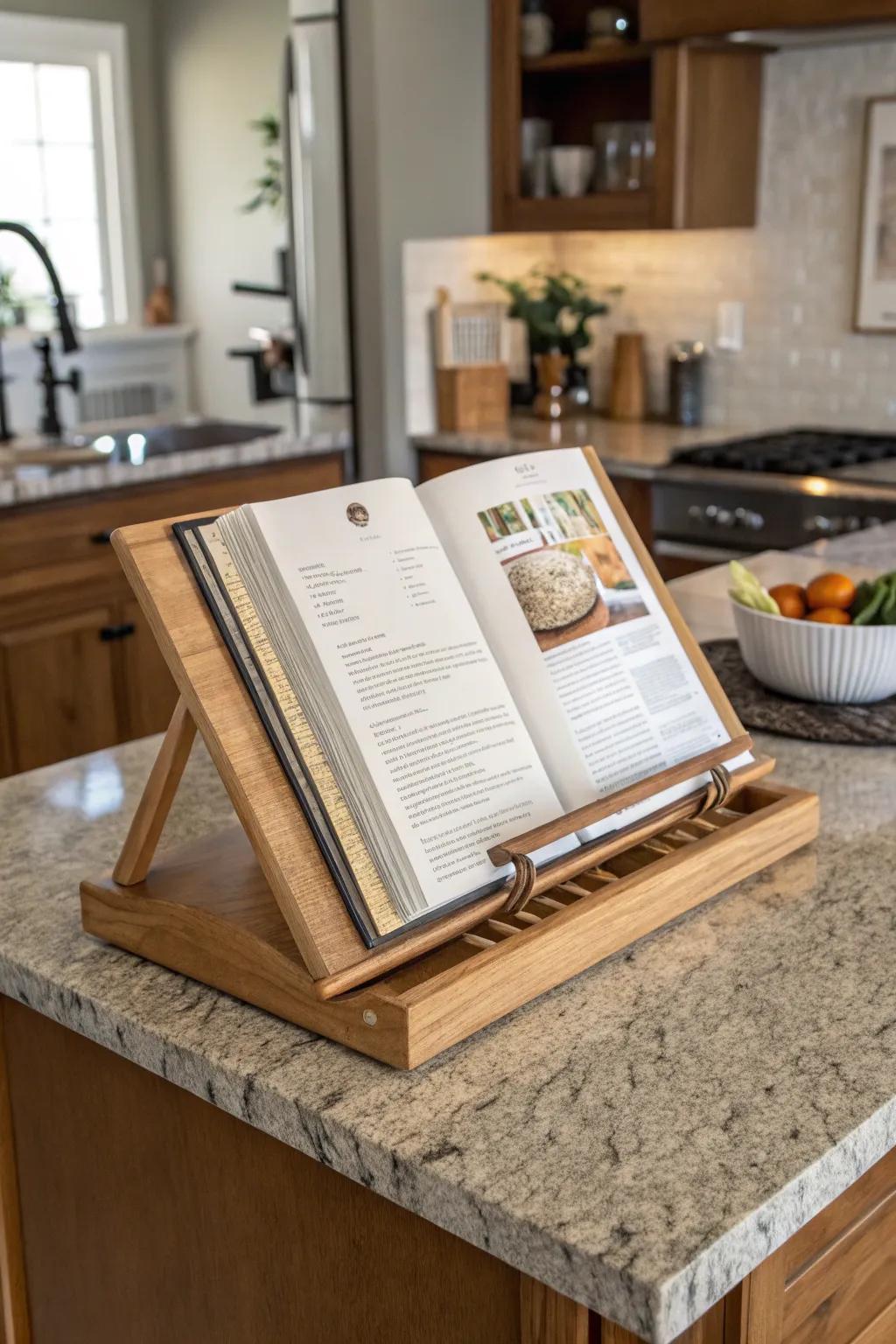 A cookbook stand adds charm and culinary inspiration.