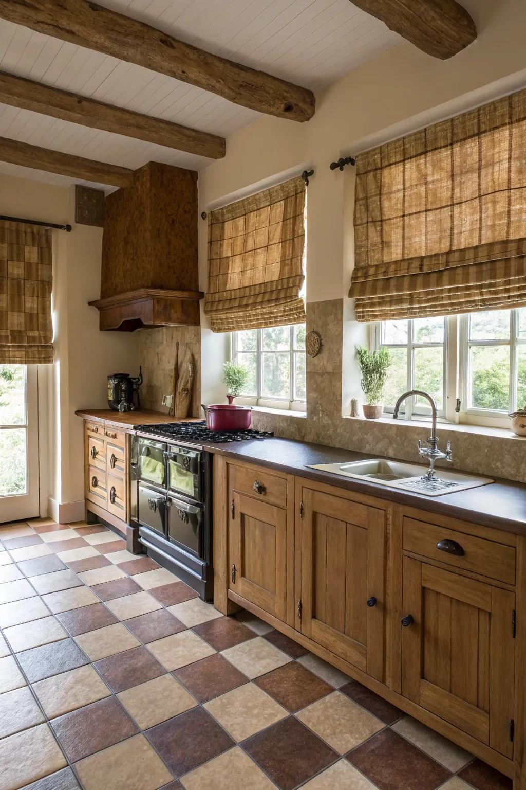 Earthy tones add rustic charm to the kitchen.