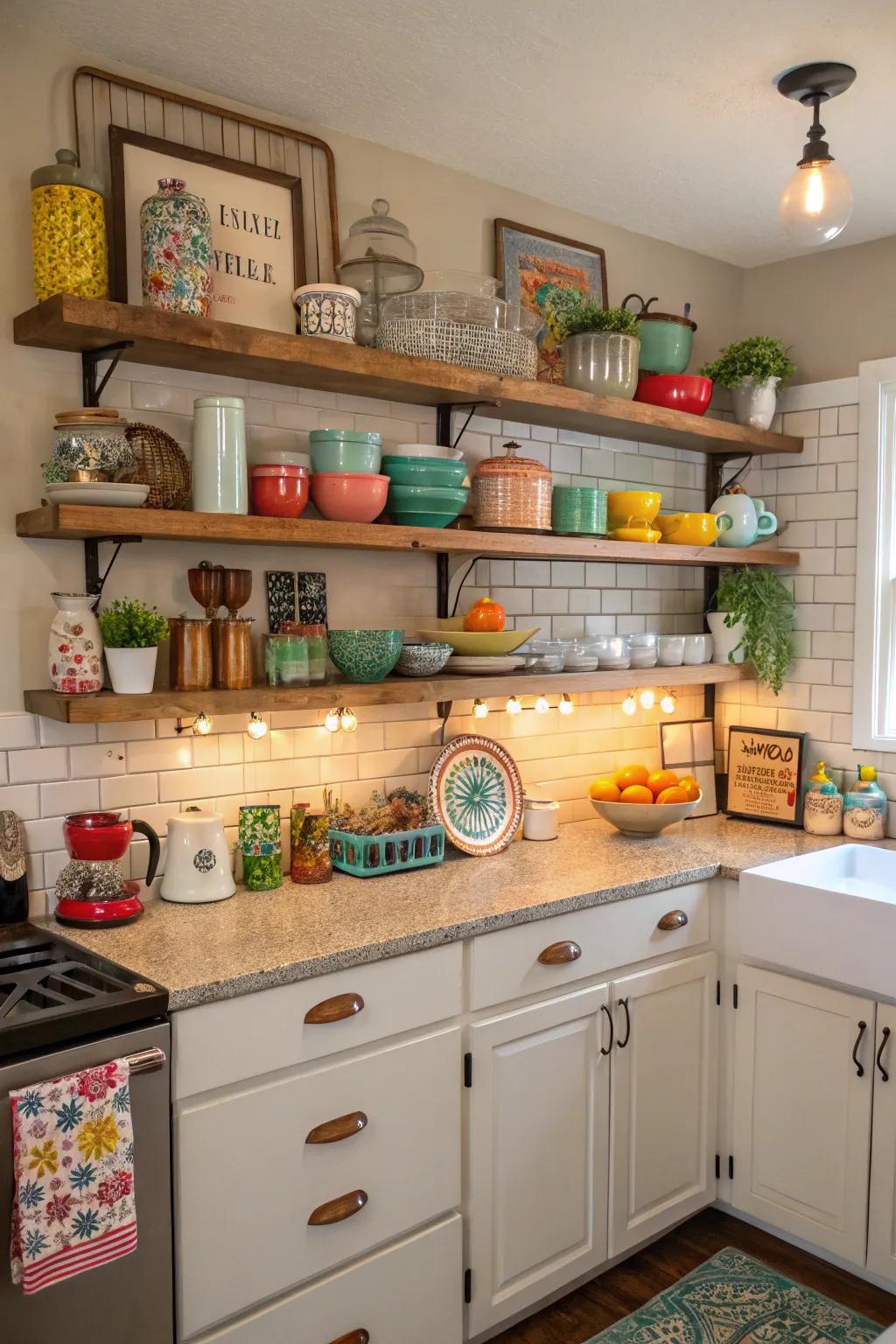 Floating shelves transform kitchens into personal showcases of taste.