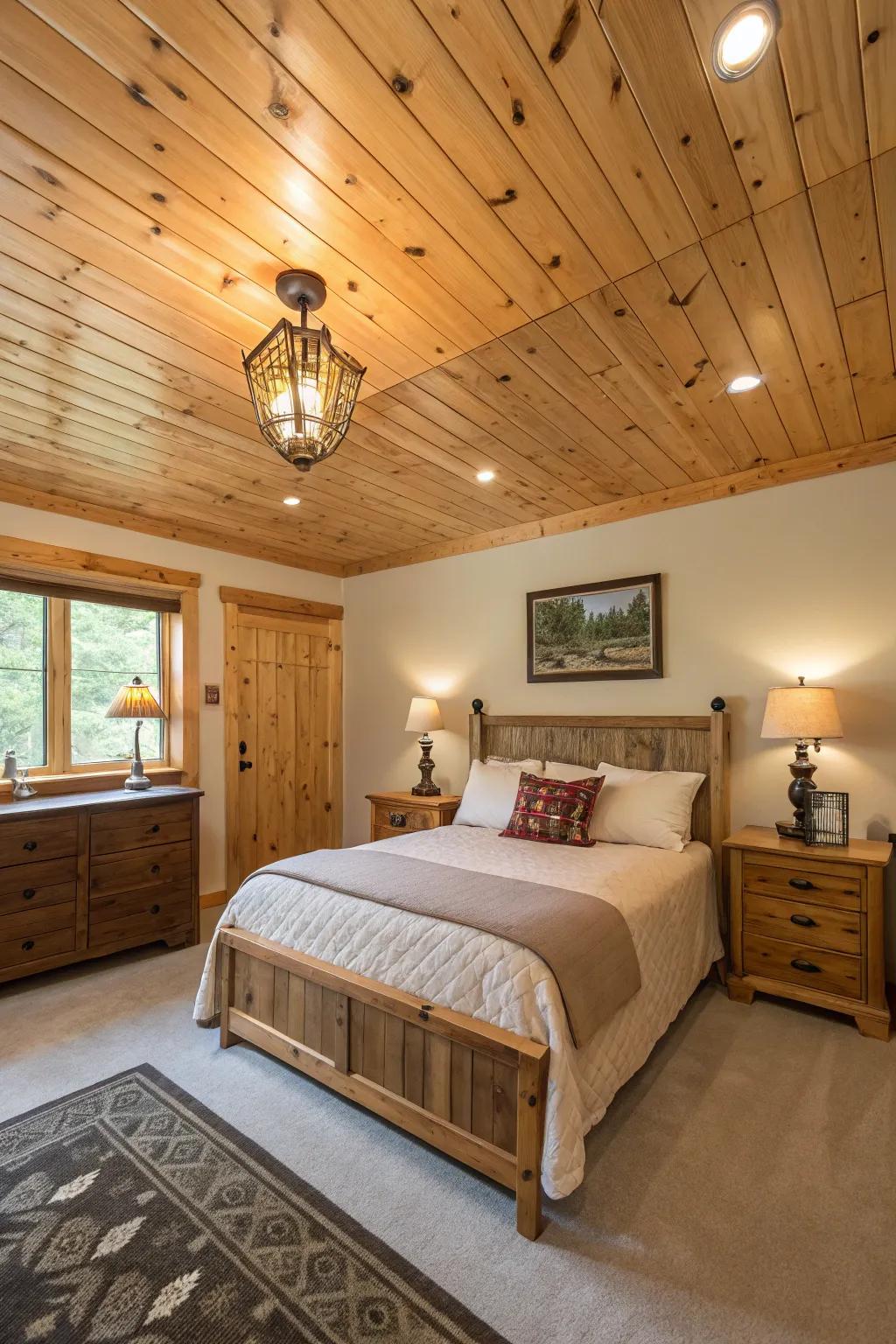 A room where the knotty pine ceiling and accent wall create a seamless look.