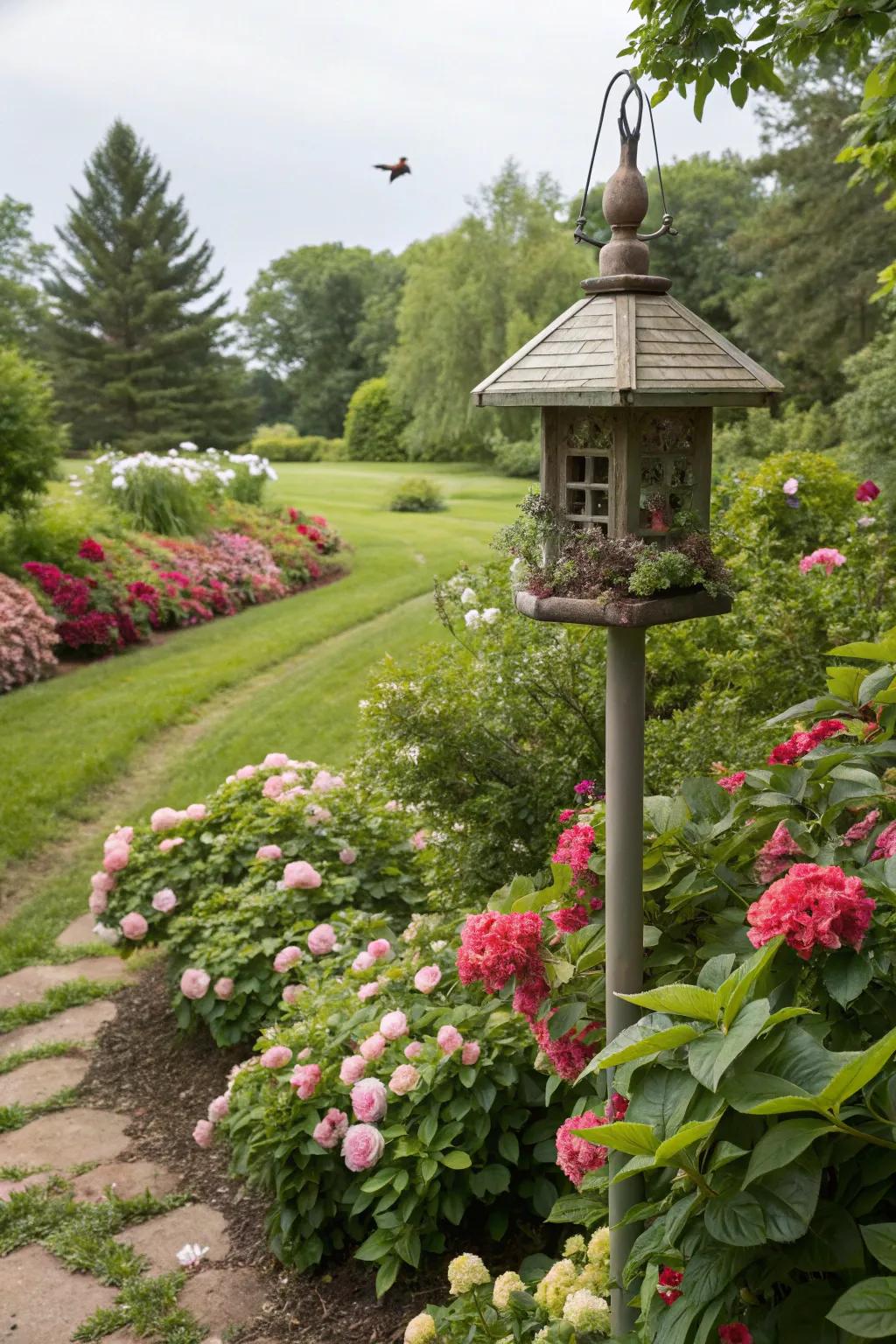 A plant division frames your bird feeding expanse with organic allure.