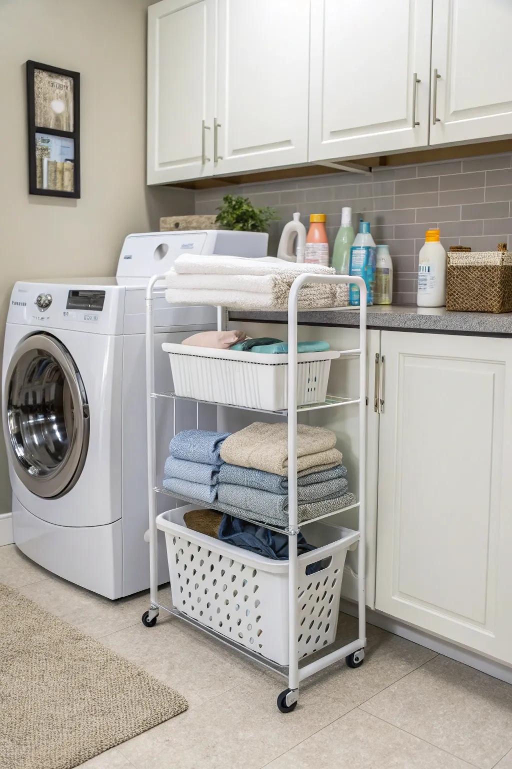 A slim rolling cart keeps laundry supplies organized and within reach.