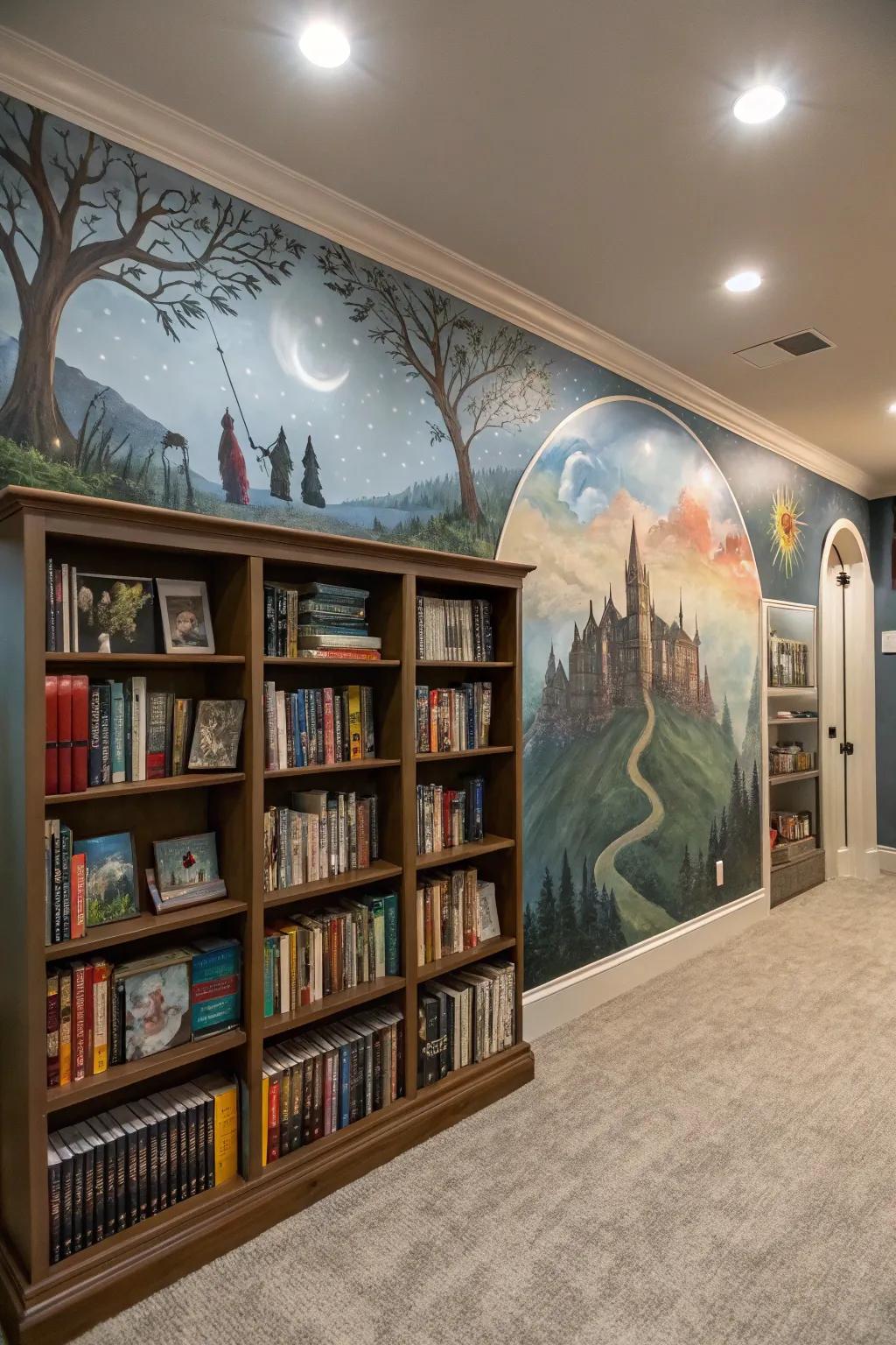 Fantasy-themed murals can make your library feel like a portal to other worlds.