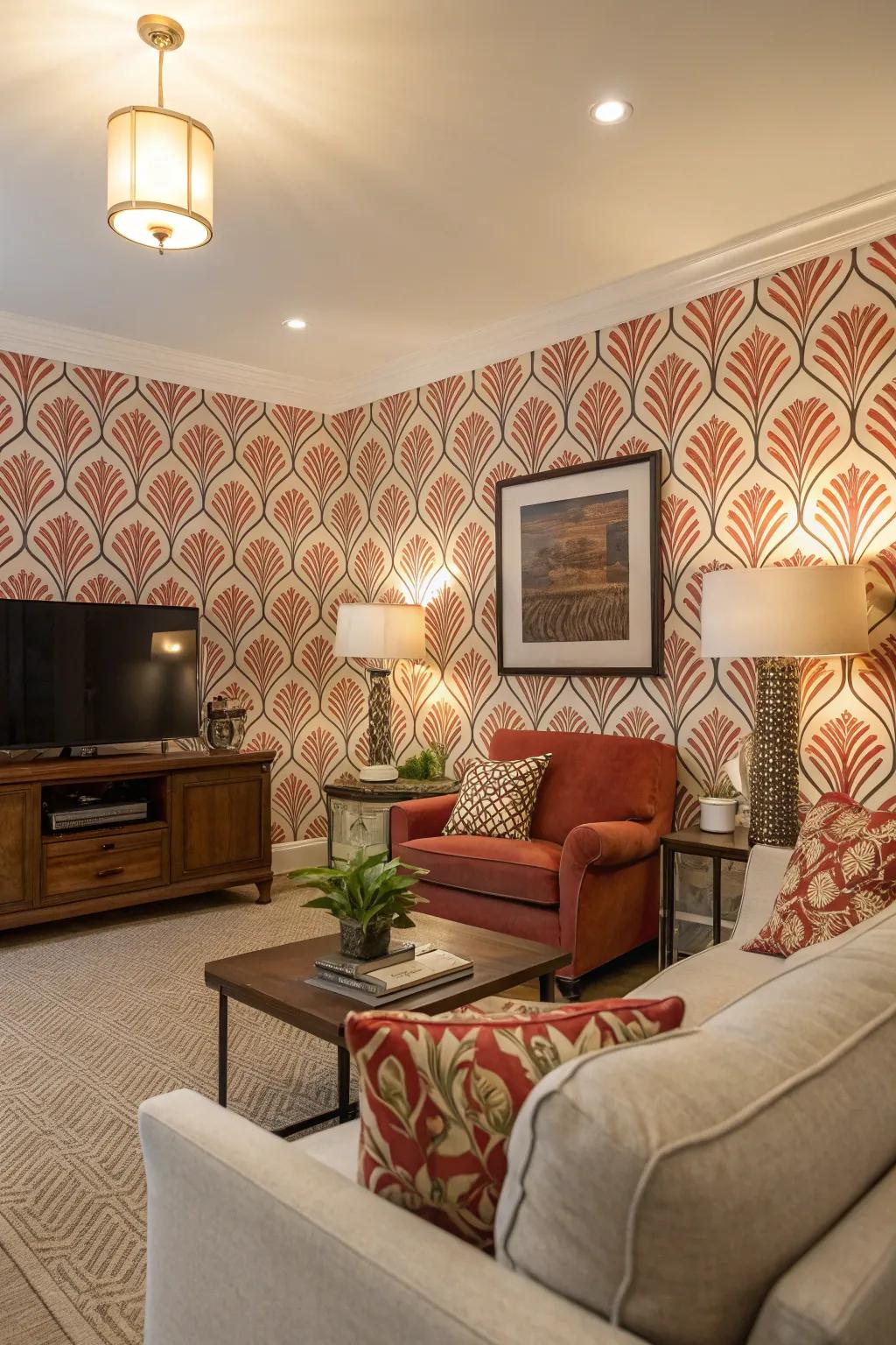 An assertive wallpaper turns this accent wall into a stunning visual attraction.
