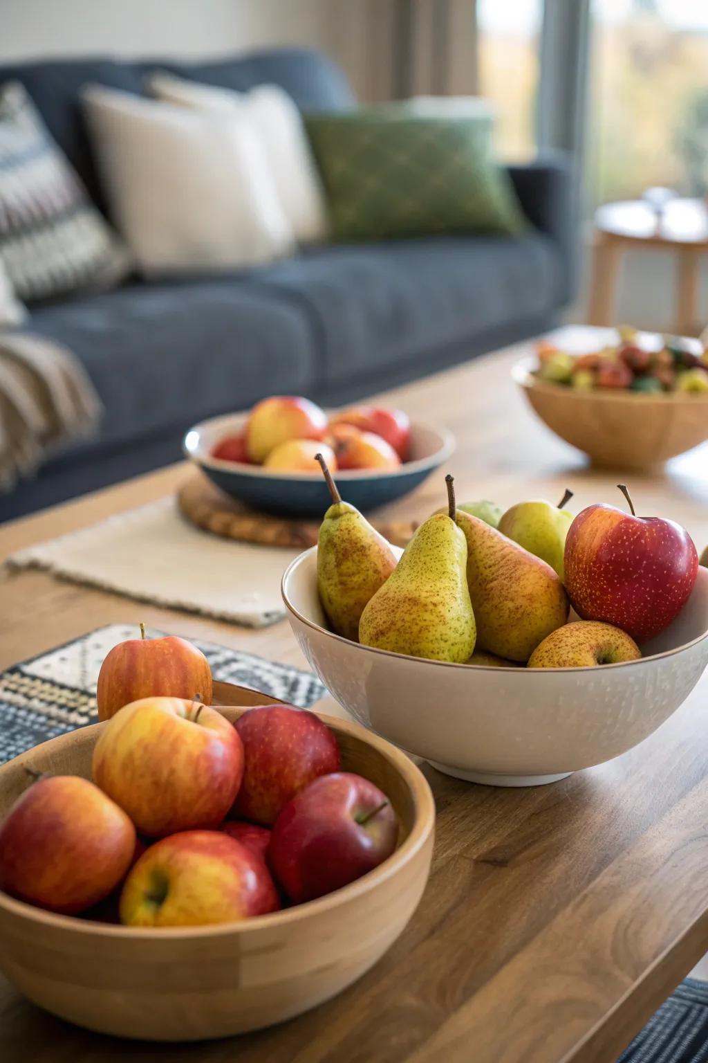 The use of consumable decorations, like apples and pears, increases the aesthetic and practicality of the space.