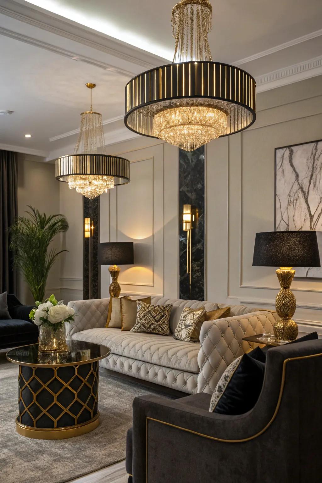 Dramatic lighting enhances the room's ambiance.