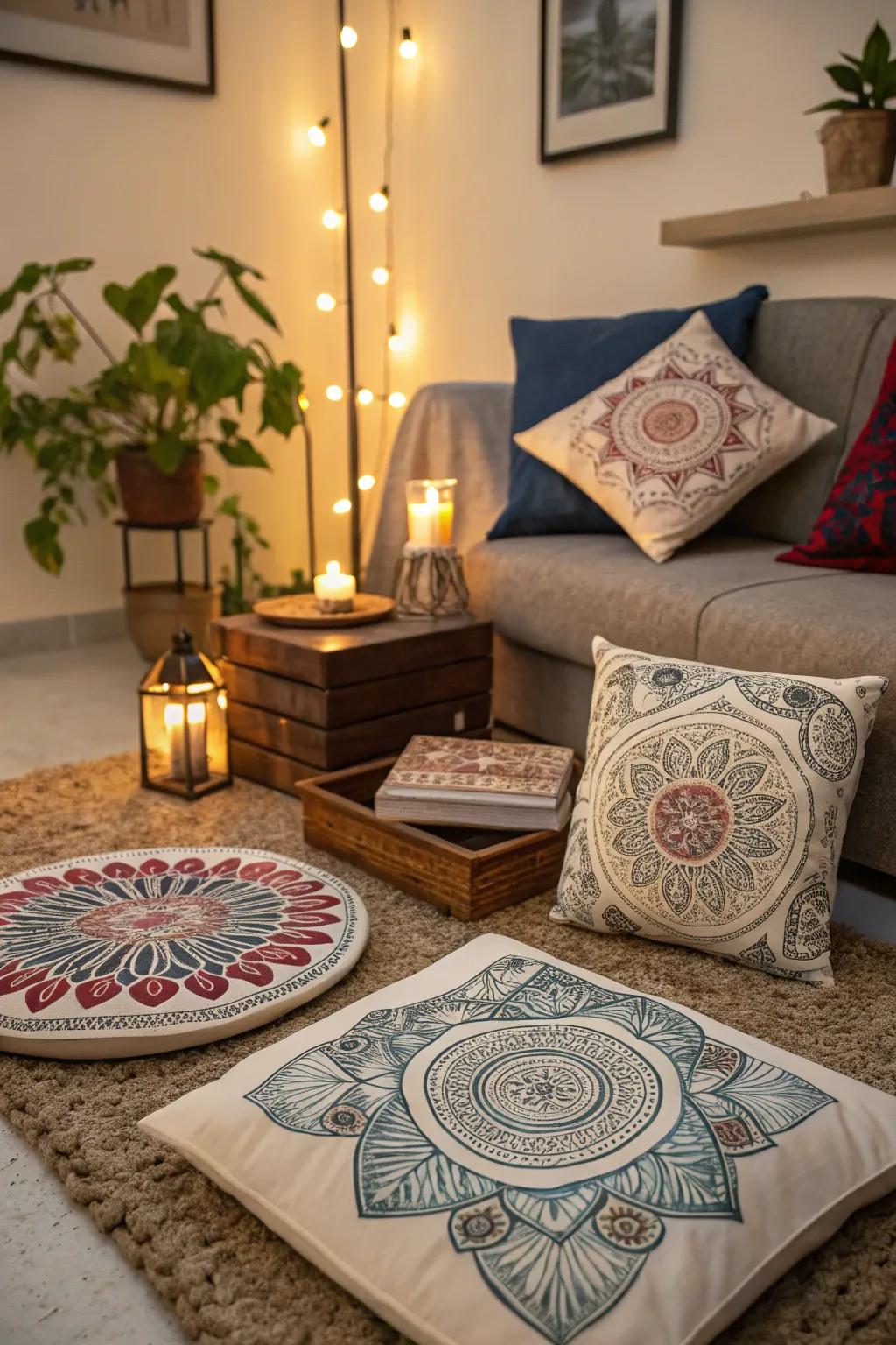 Mini mandala designs adding charm as accents in a living room.