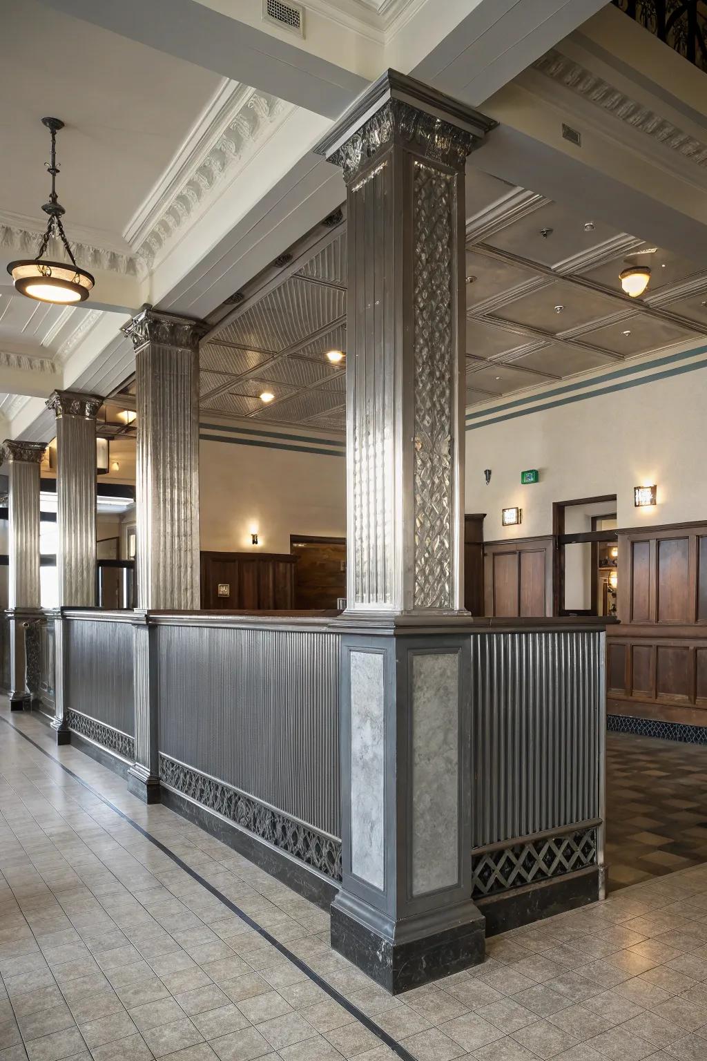 Add a unique touch by wrapping metal wainscoting around pillars.