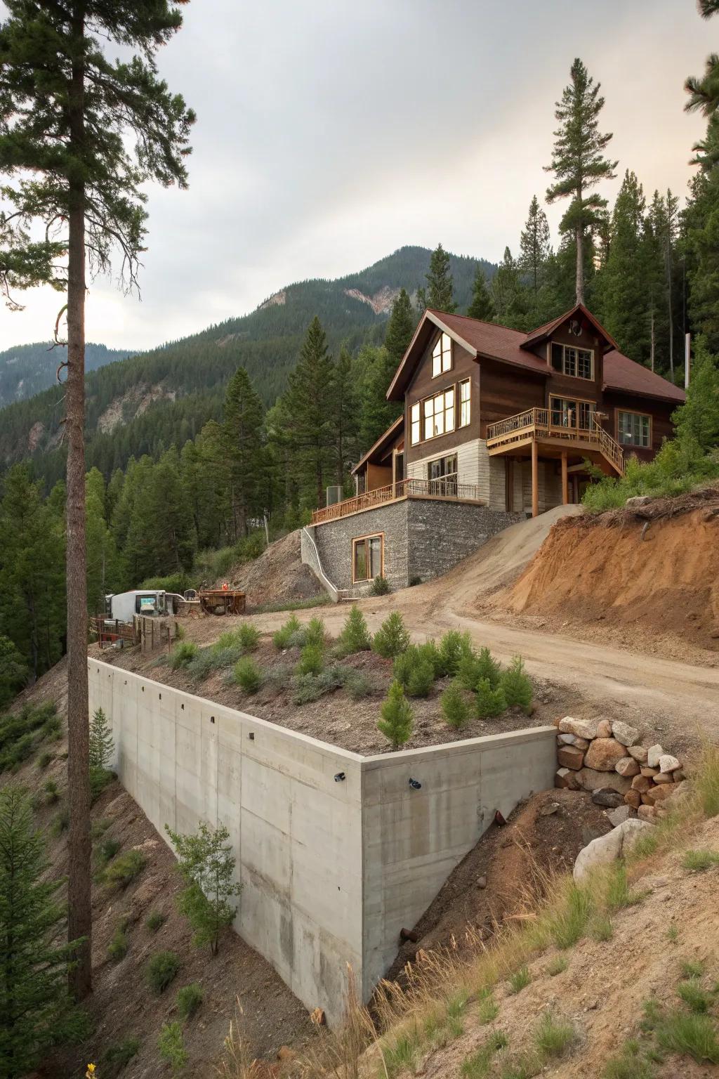 Subterranean foundations adapting to mountain terrains.