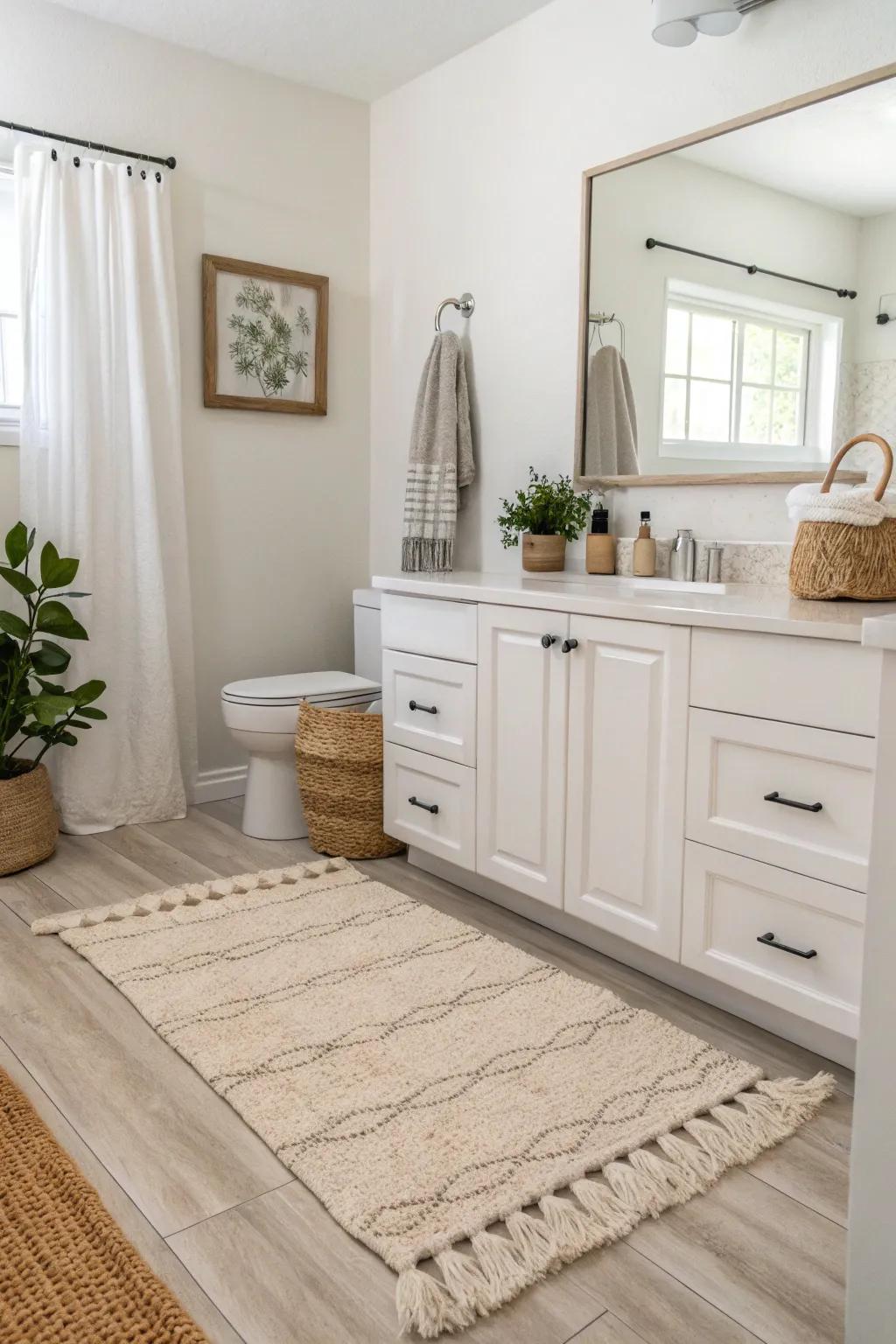 A soft rug adds warmth and comfort to this subdued bathroom.