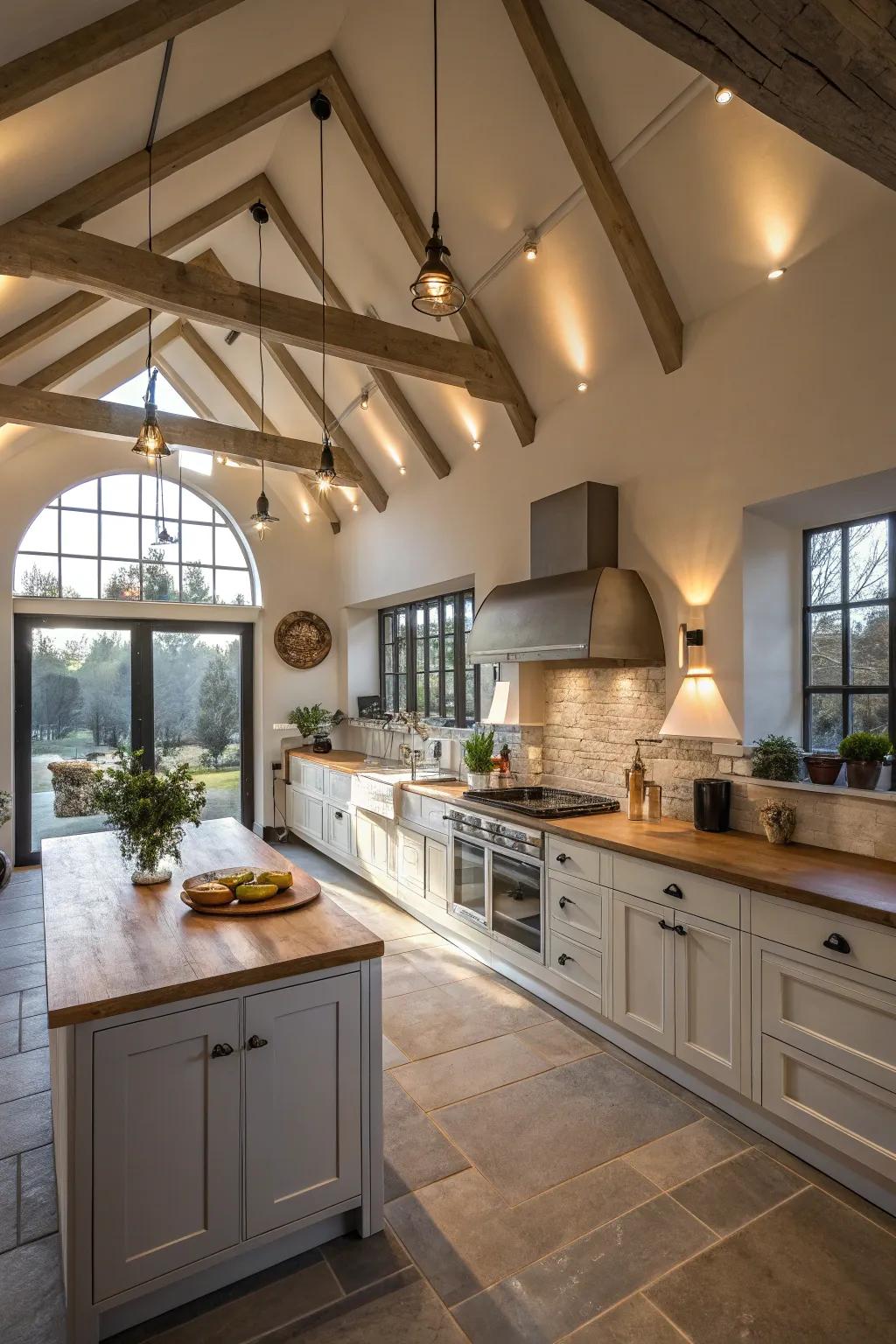 Vaulted ceilings add height and grandeur to the kitchen.