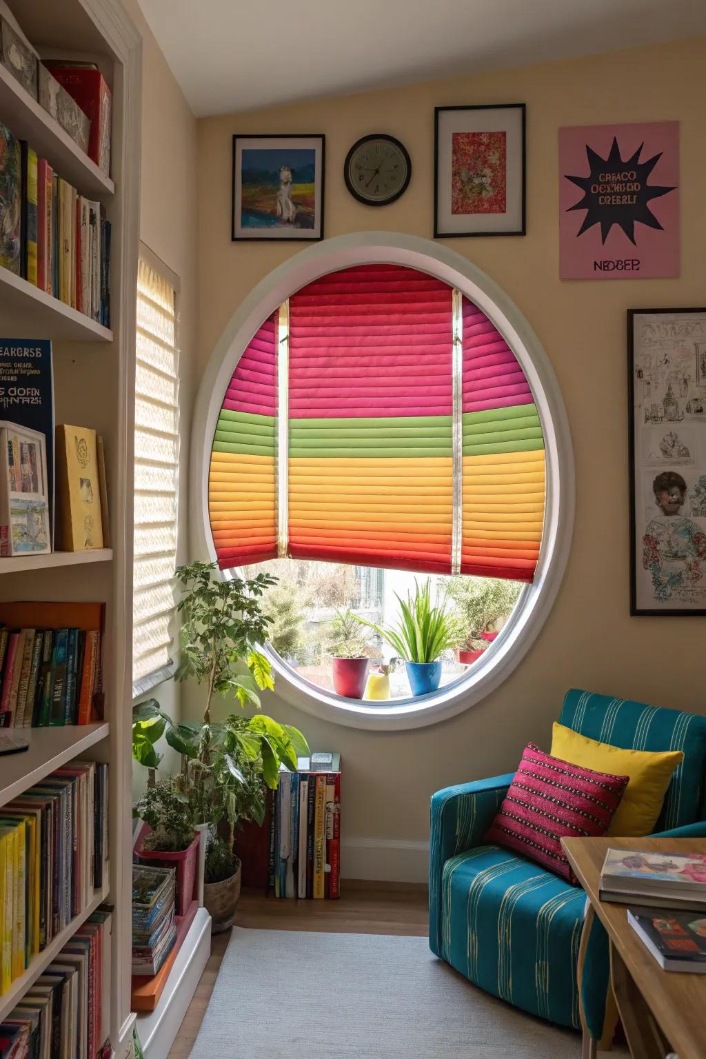 Bright colors on blinds can make your oval windows a main feature.