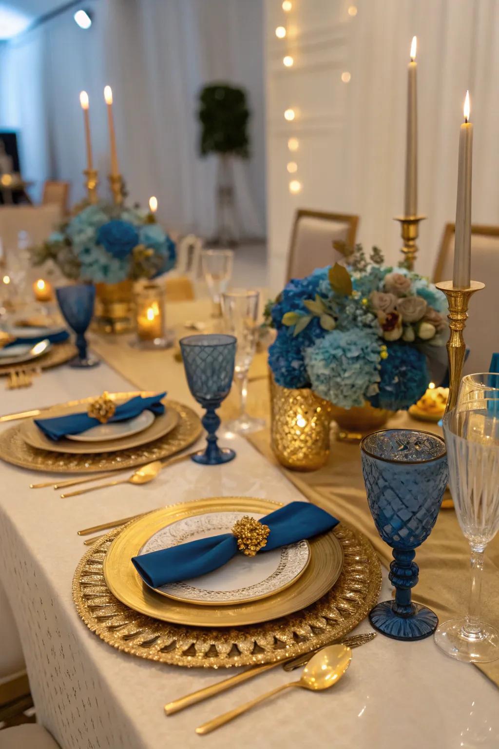Gilt and azure cultivate a majestic and refined prom backdrop.