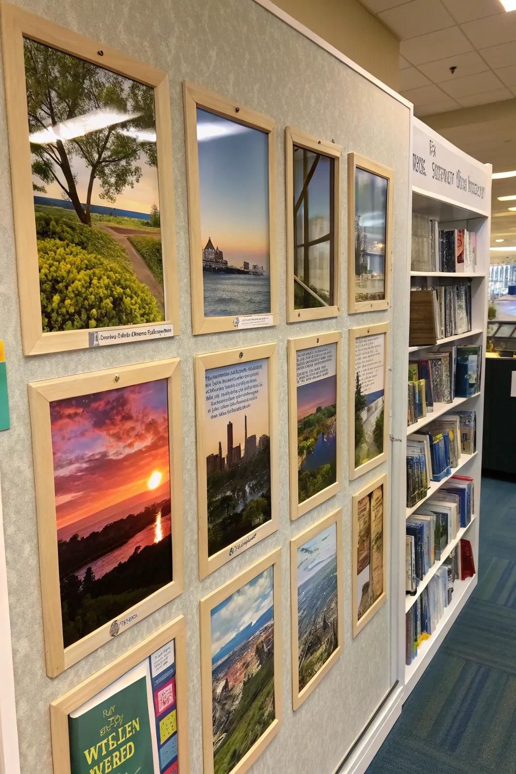 Window cutouts and scenic images showcase books as gateways to new worlds.