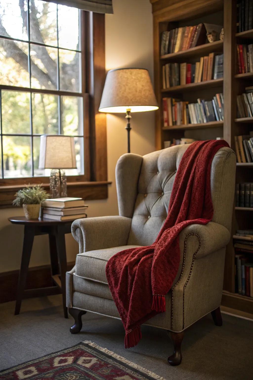 A reading nook with a grey armchair and a red throw.