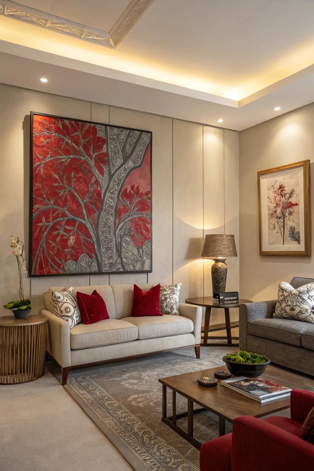 Oversized artwork makes a bold statement in any living room.