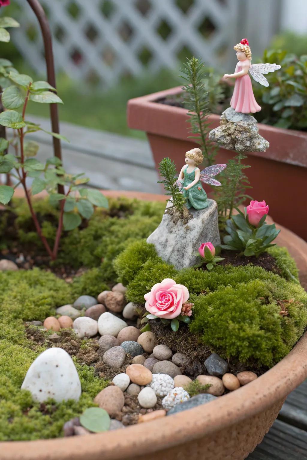 Build a whimsical world using sun jewels in a miniature fairy garden.