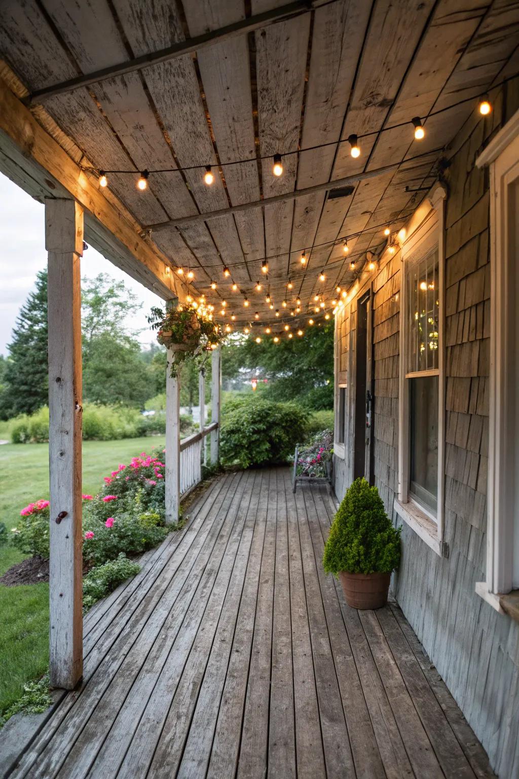 String lights add a magical glow to rustic porches.