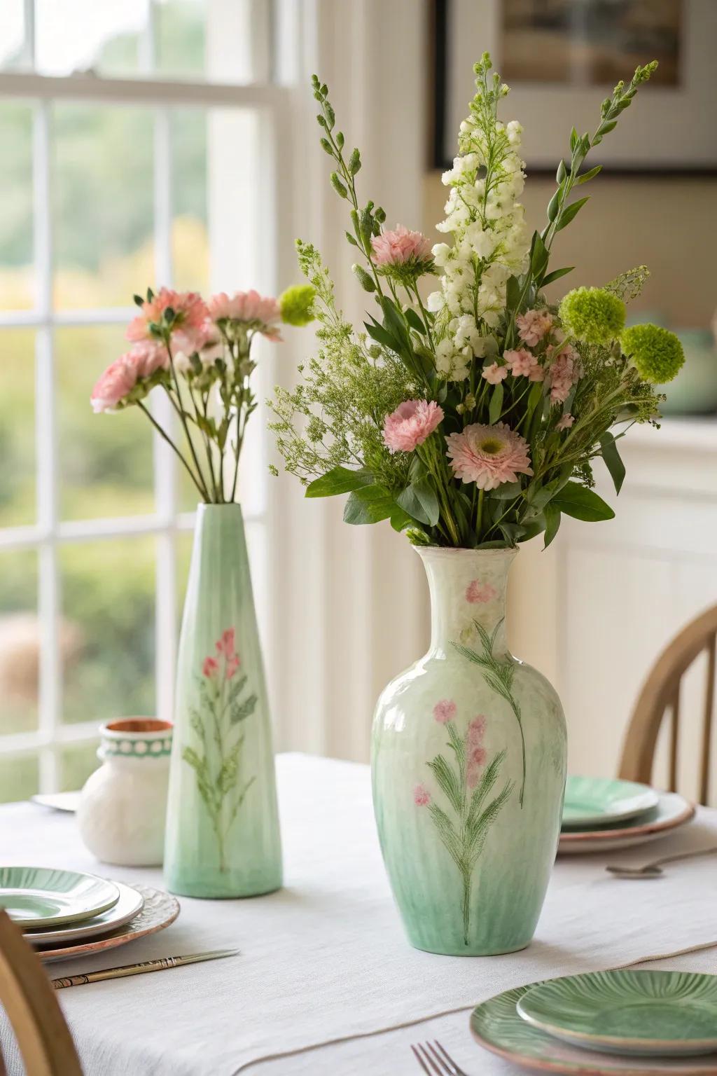 Whimsical watercolor vases with sage green accents for an artistic touch.