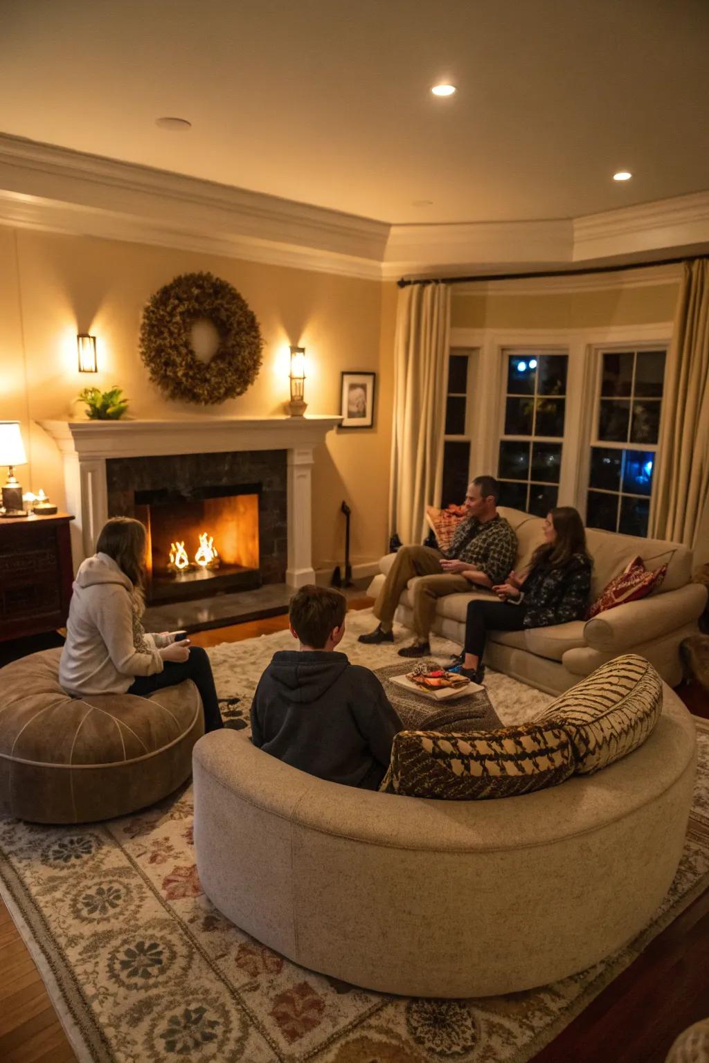 A circular seating arrangement promotes intimacy and warmth around the fireplace.