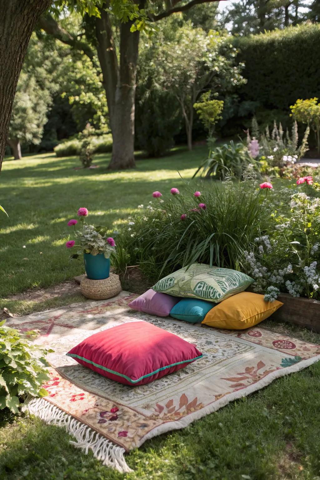 Outdoor rugs and cushions create a cozy and inviting seating area.