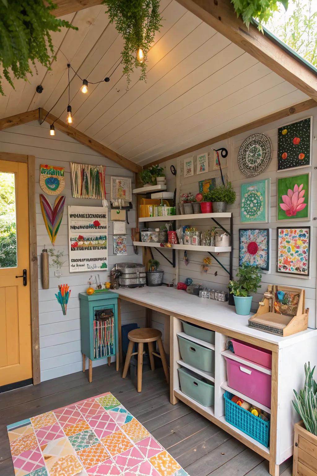Turn your she shed into a hobby hub with personal decor and a dedicated workspace.