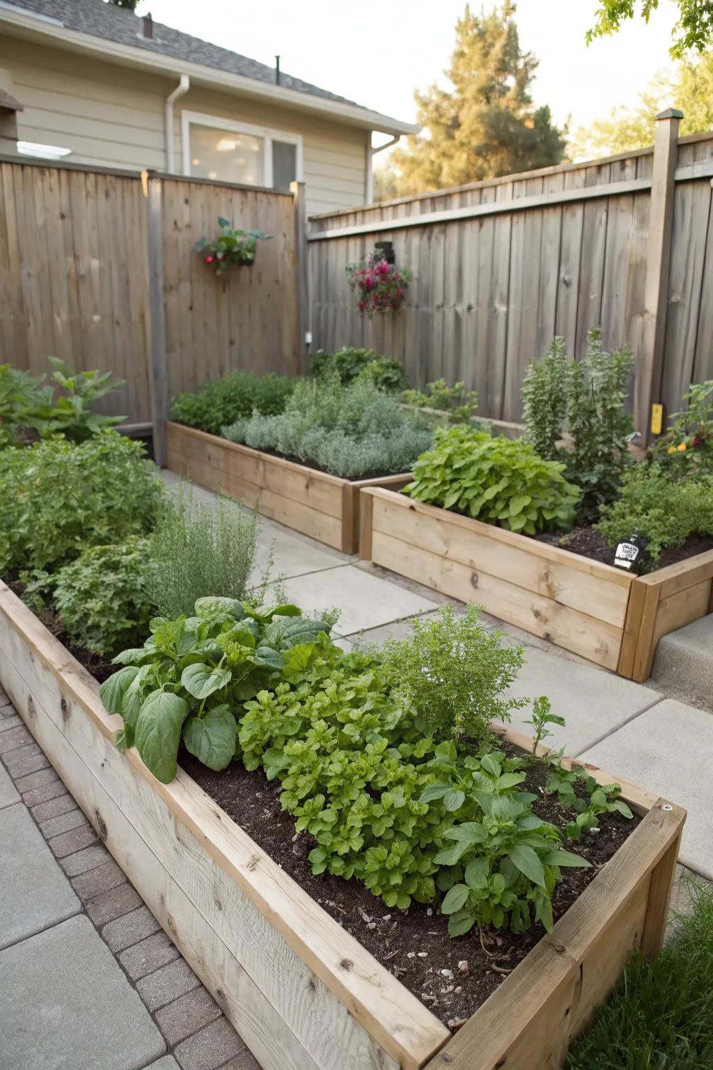 An herb garden adds fragrance and utility.