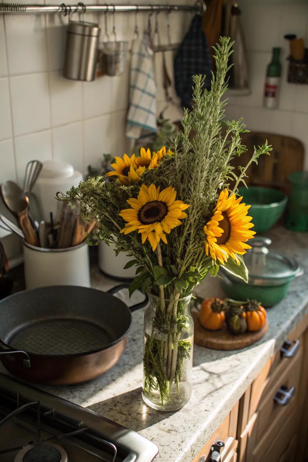 Sunflowers and fresh herbs make for a delightful and aromatic combination.