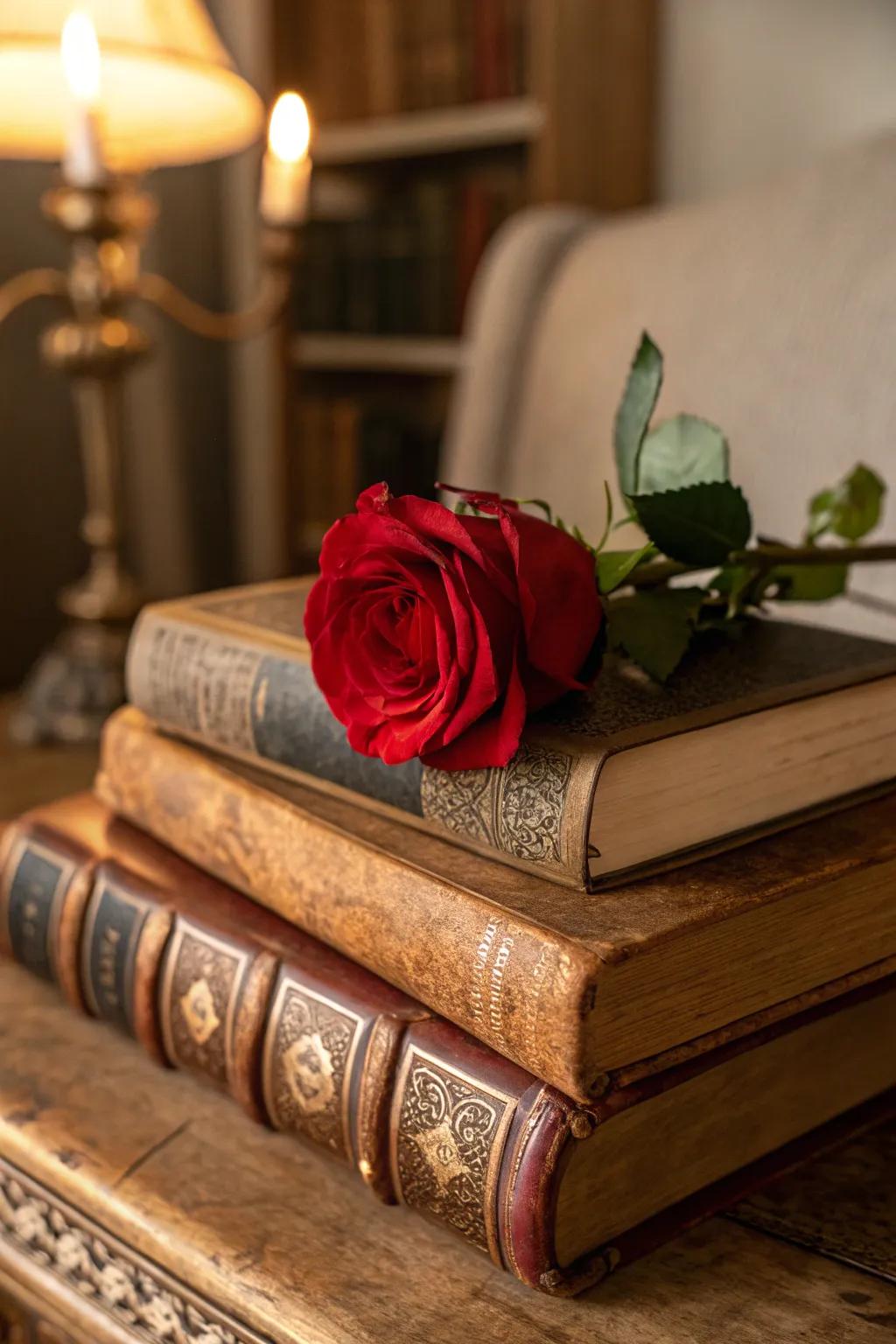 A rose on books brings a literary charm to your decor.