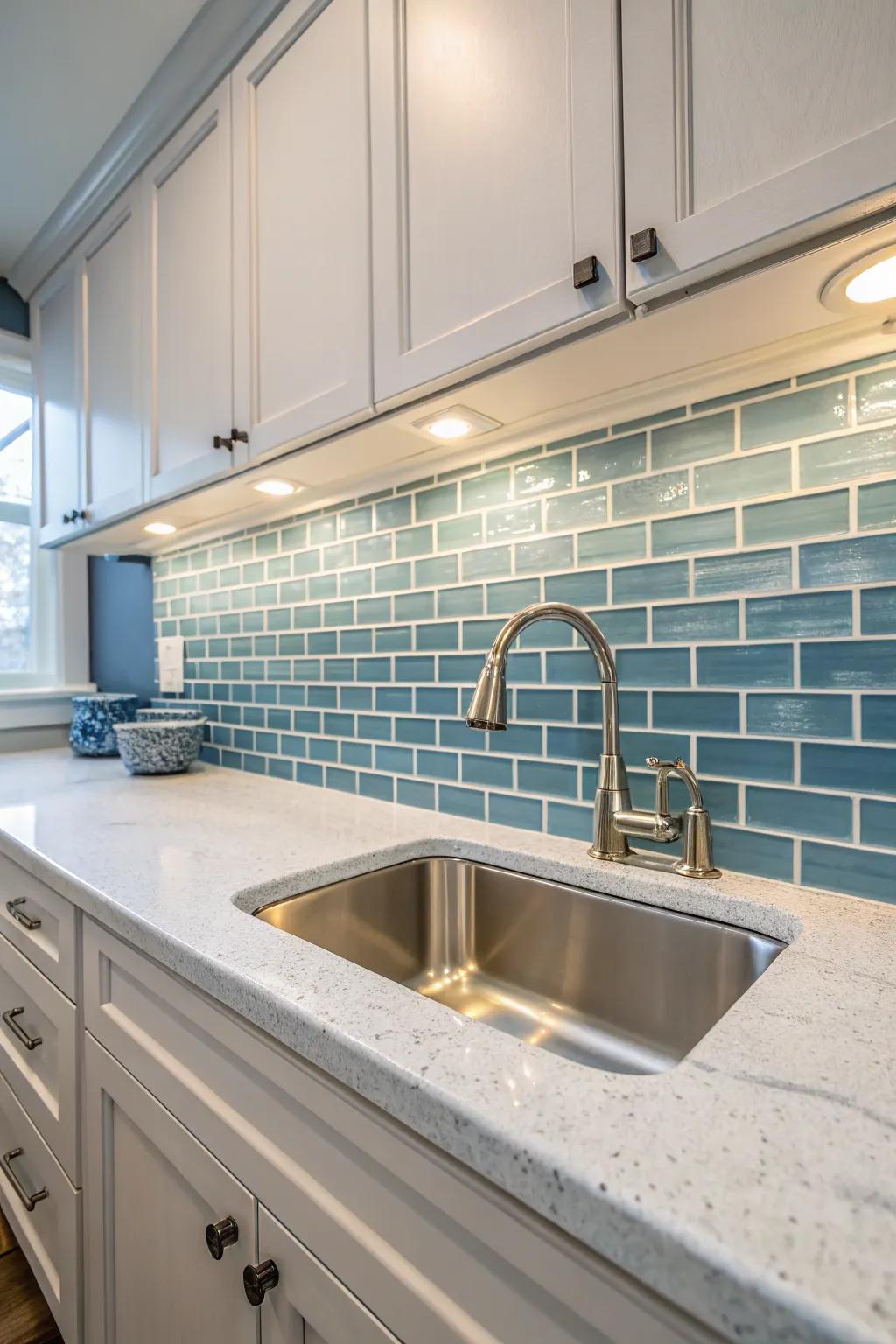 Stylish glass tiles give the room a modern touch and reflect light beautifully.