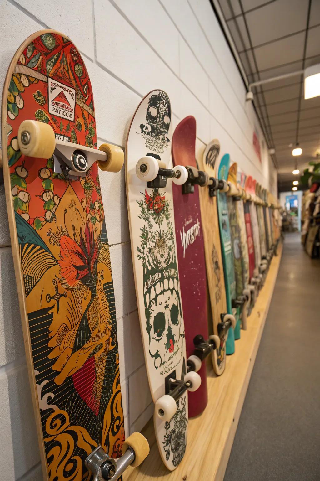 Mix styles for an eclectic skateboard display.