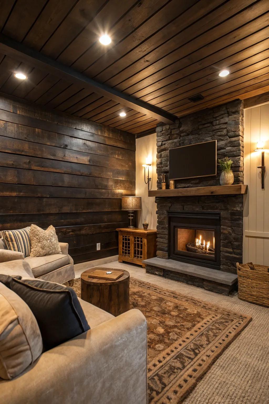 A cozy den with dark wood slat walls that add drama and sophistication.