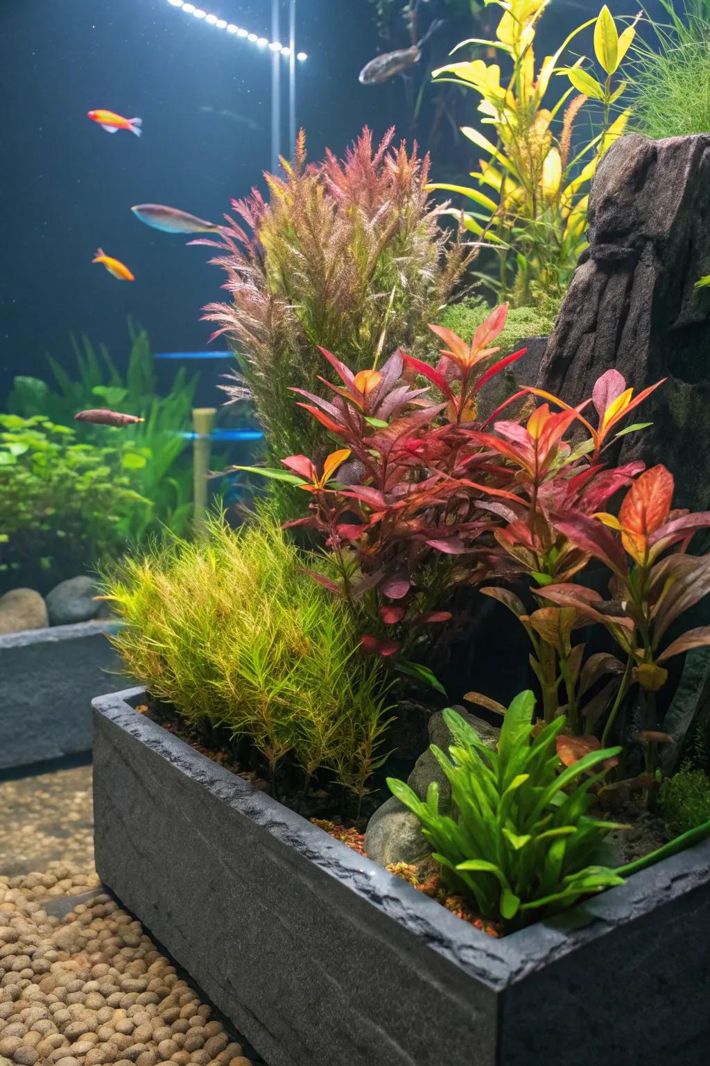 Lush stone planters flourishing in an aquarium.