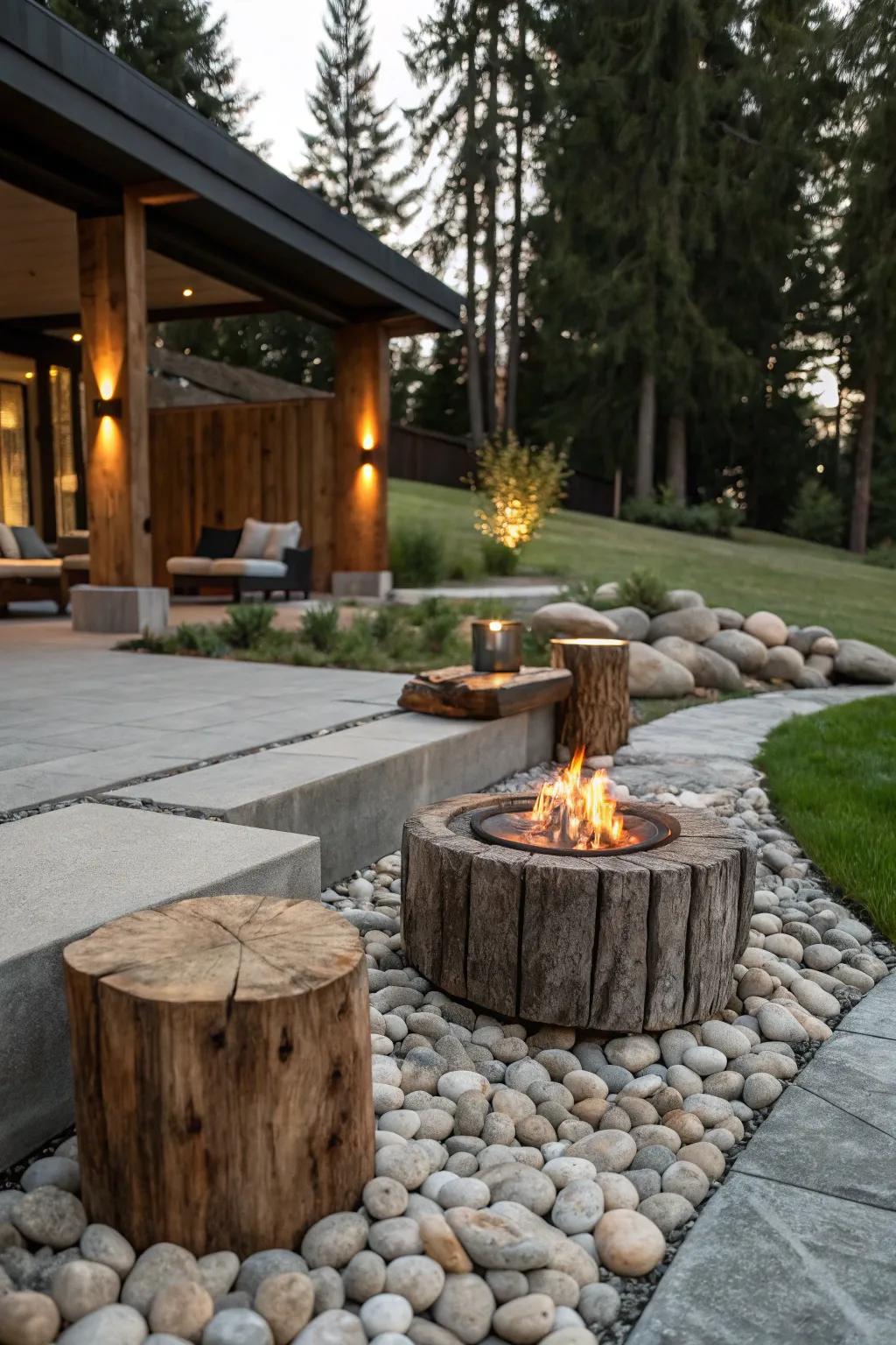 A blend of stone and timber materials creates a balanced and stylish bonfire area.