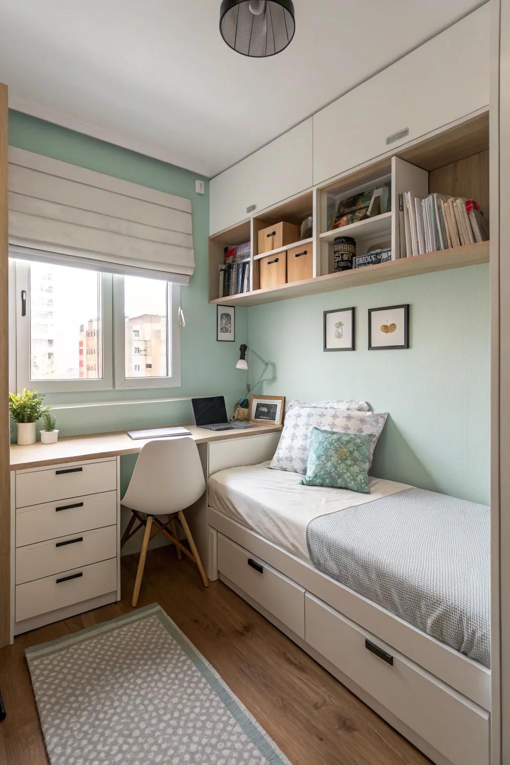 A small bedroom featuring streamlined furniture for a spacious feel.