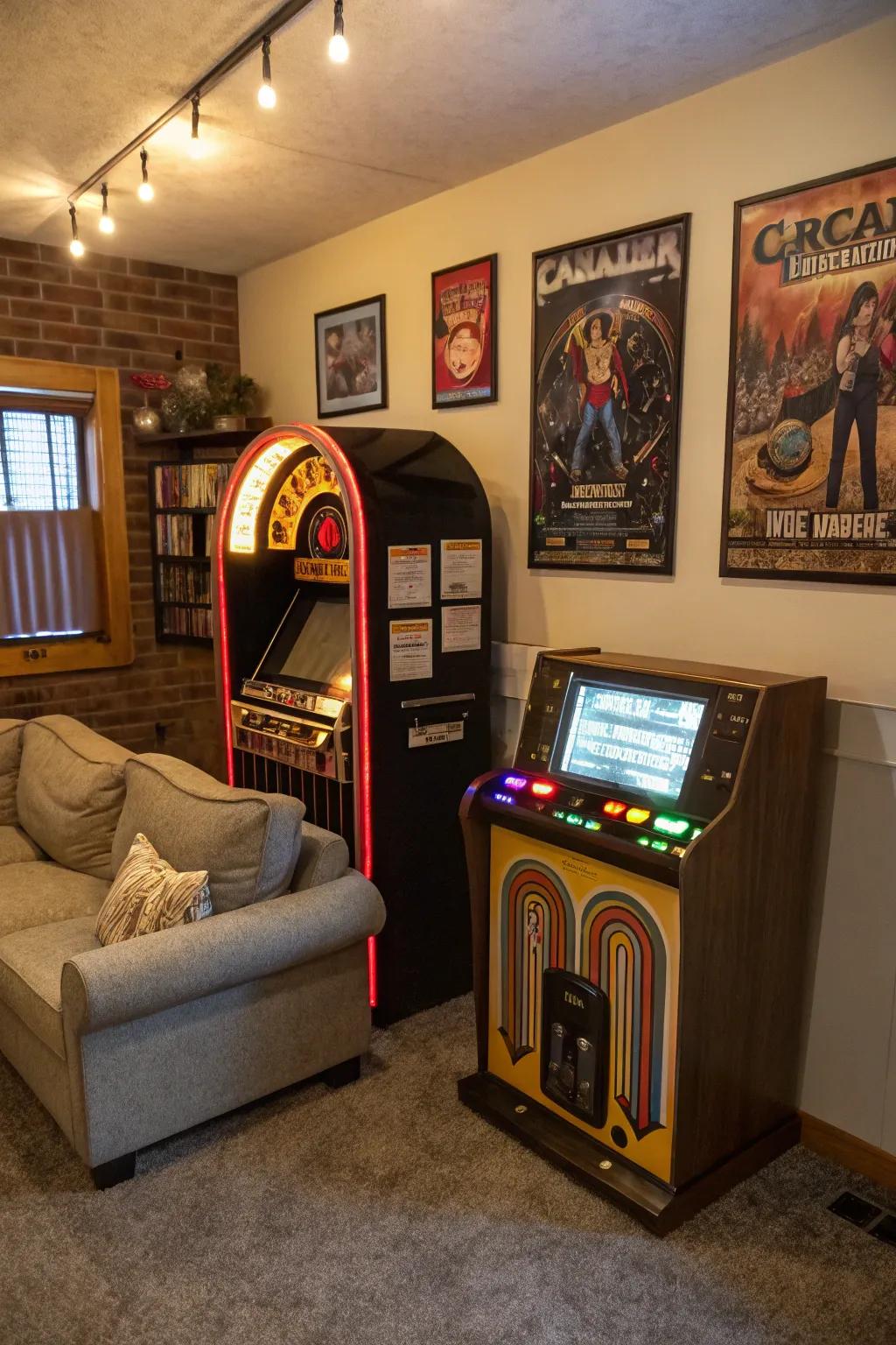 A vintage jukebox and a retro arcade machine add a nostalgic and playful atmosphere.