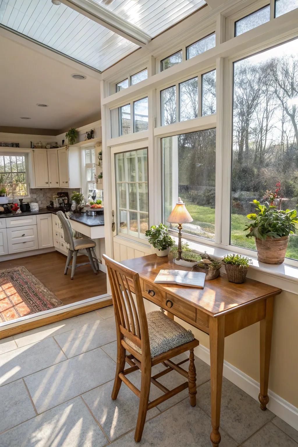 A workspace in the sunroom offers inspiration and functionality.