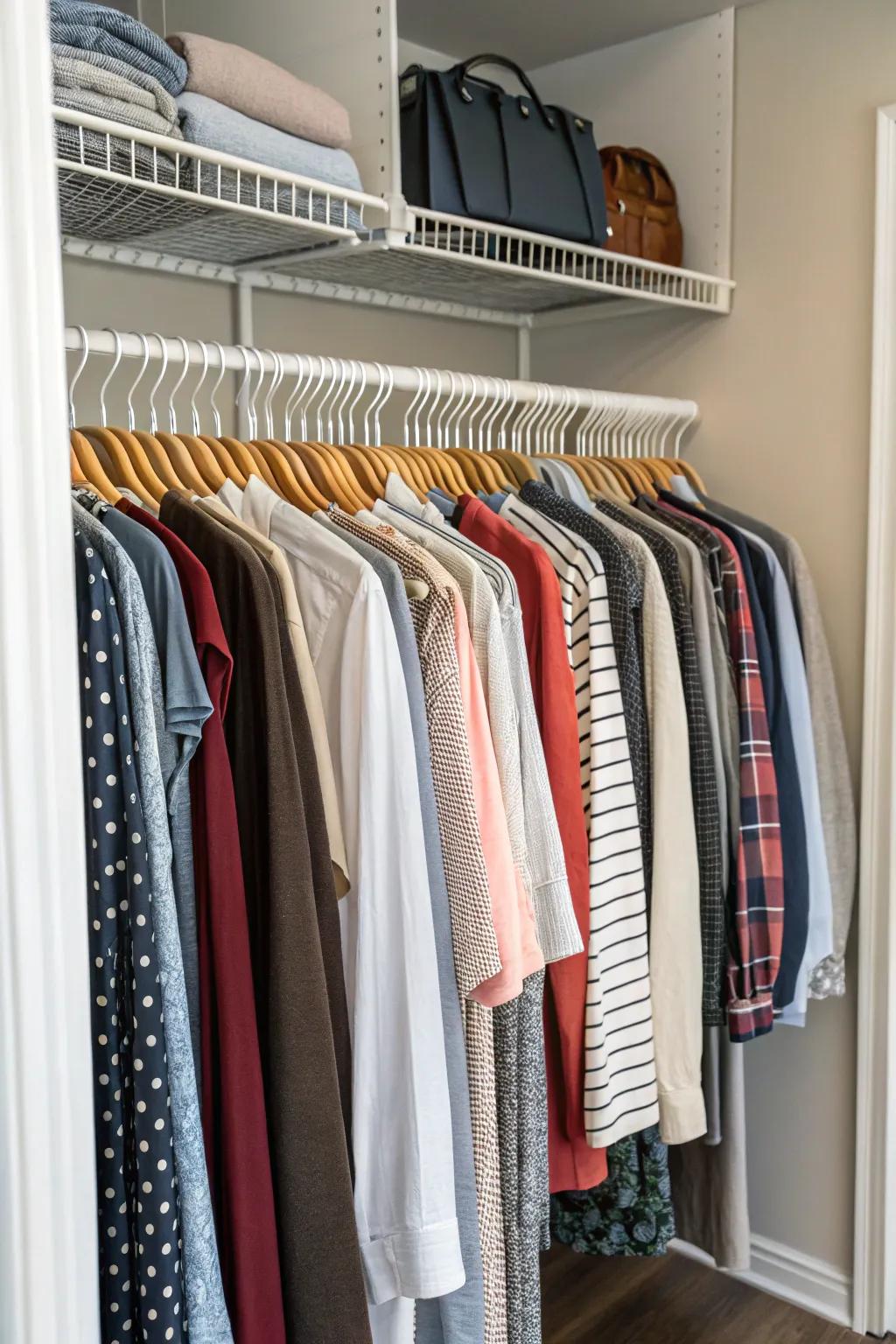 Tiered hangers maximize vertical storage by stacking garments efficiently.