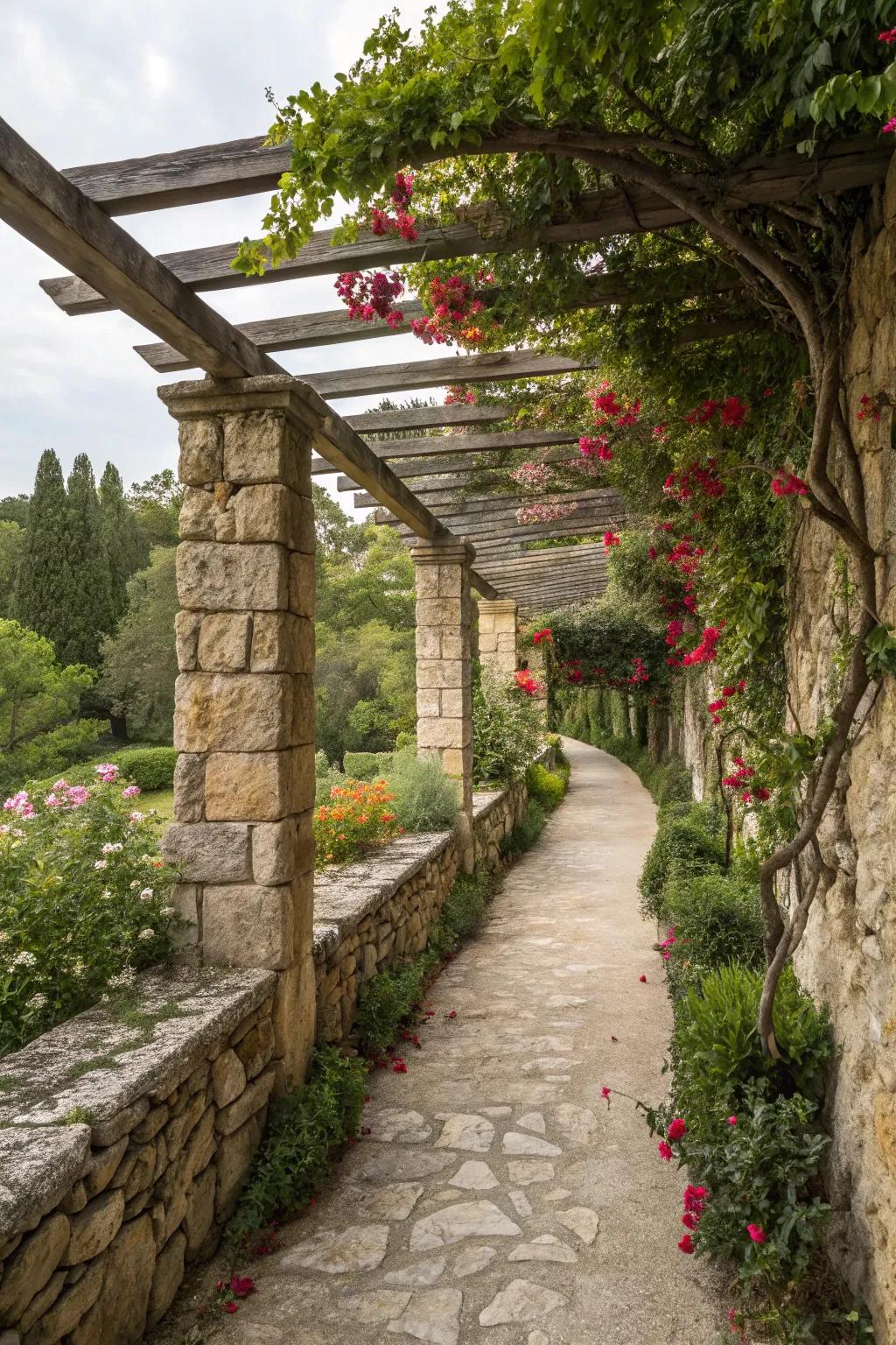 Rock features harmonize the pergola with its surroundings.