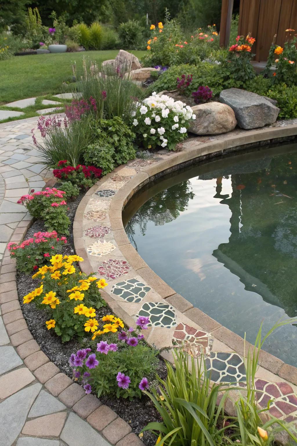 Garden pond with artistic faux mosaic stamped concrete border